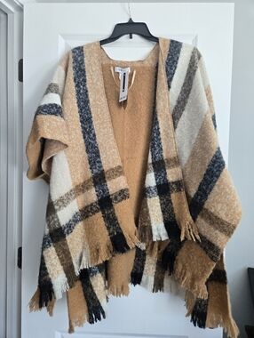 Nine West Plaid Shawl Wrap Womens Open Front Textured NWT
